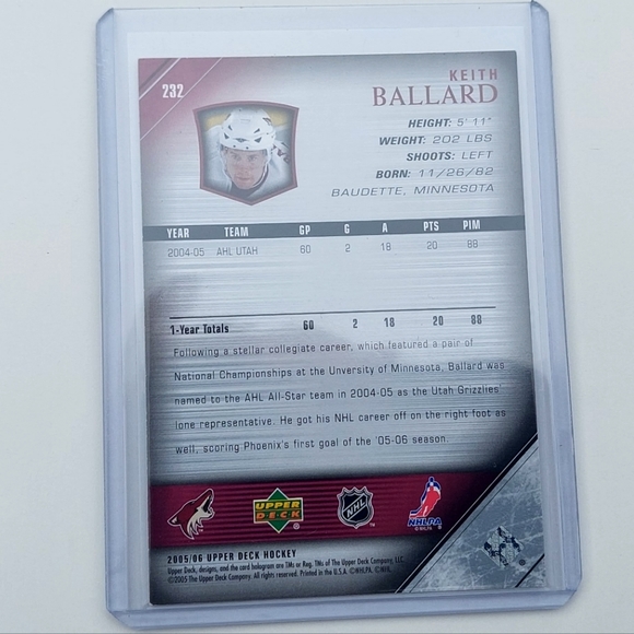 Keith Ballard Upper Deck Young Guns Rookie Card 2005/06 Card #232 Coyotes - Picture 2 of 2